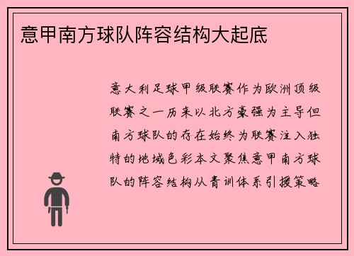 意甲南方球队阵容结构大起底